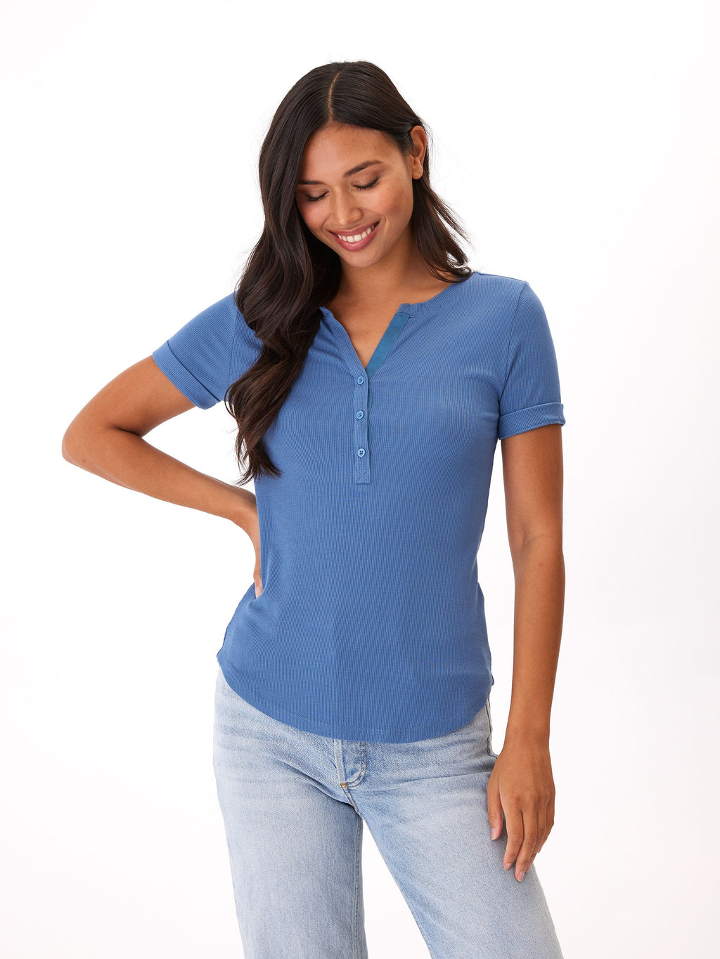 Akia Feather Rib Henley Tee in Blue
