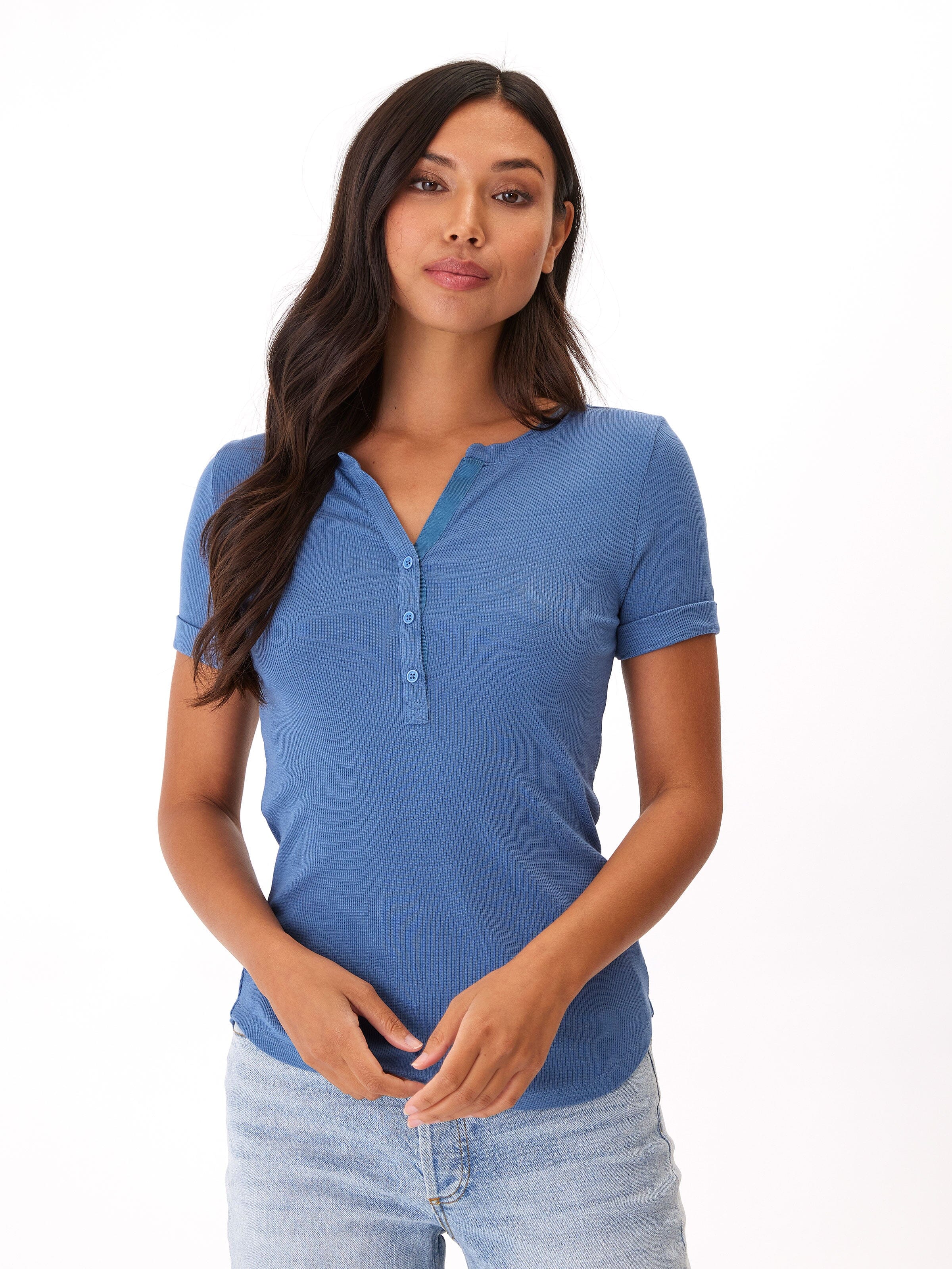 Akia Feather Rib Henley Tee in Blue