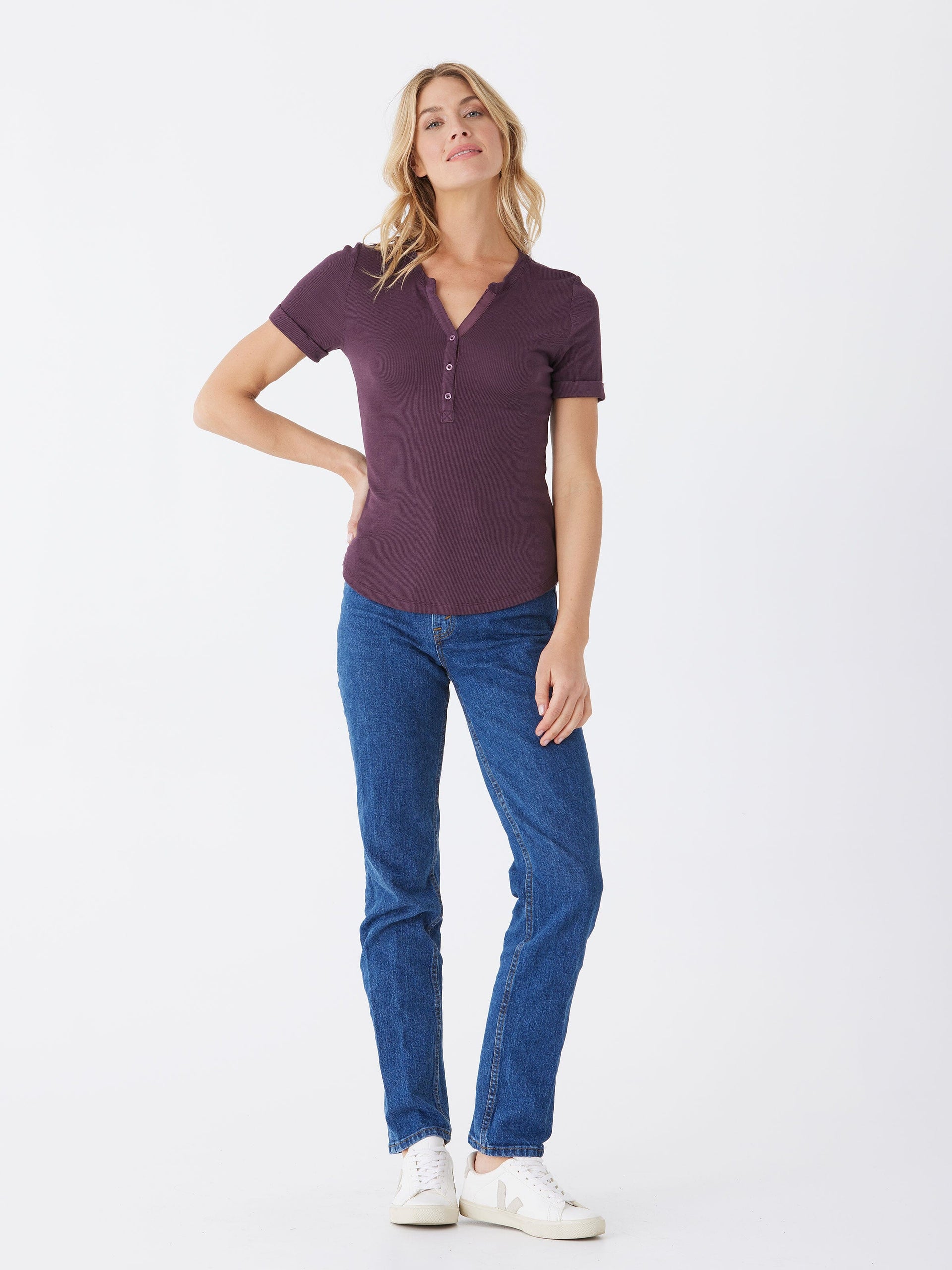 Akia Feather Rib Henley Tee with Cuffed Sleeves