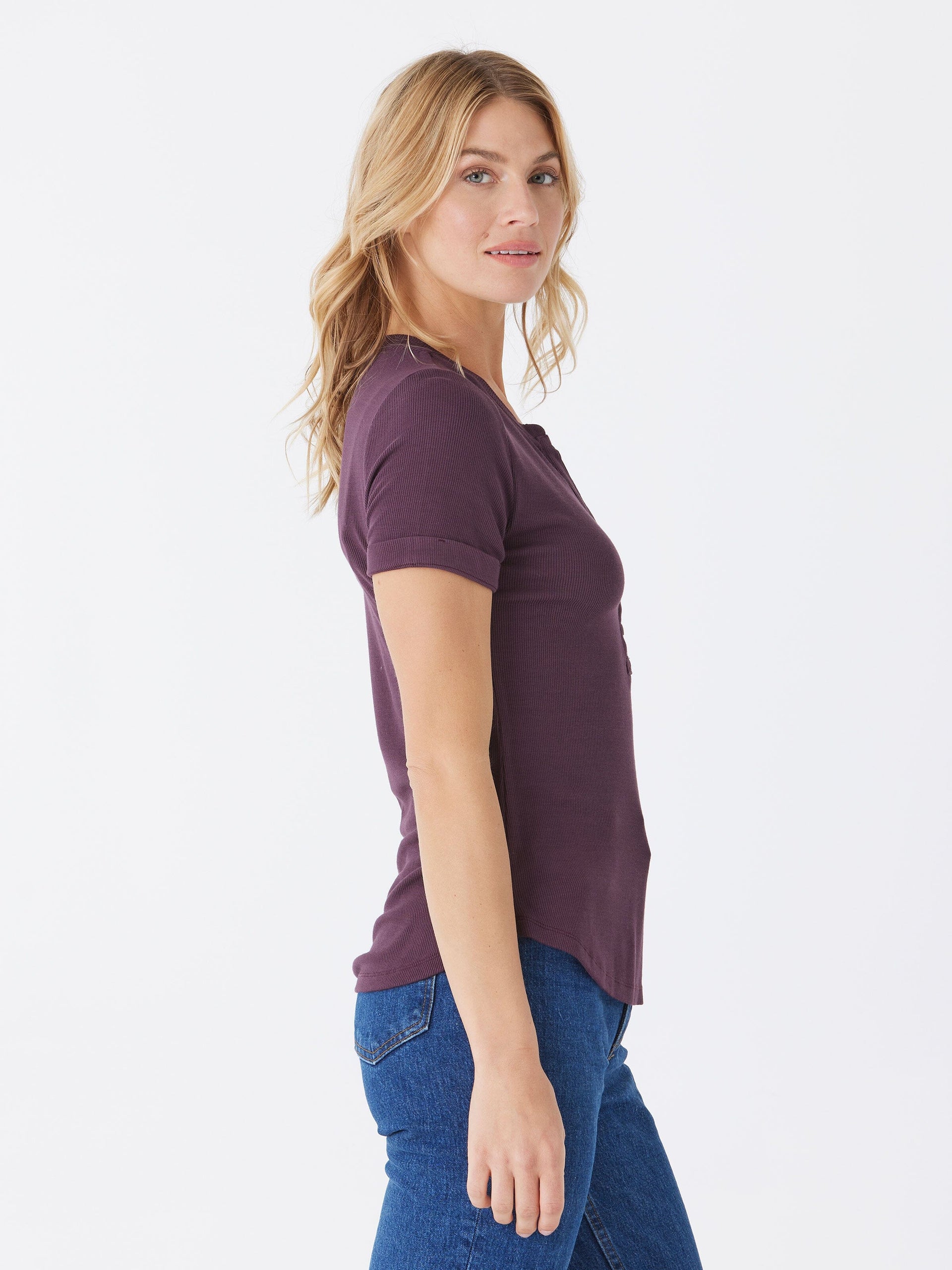 Akia Feather Rib Henley Tee with Cuffed Sleeves