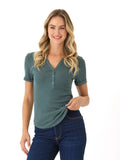 Akia Feather Rib Henley Tee in teal with 3-button detail and cuffed sleeves