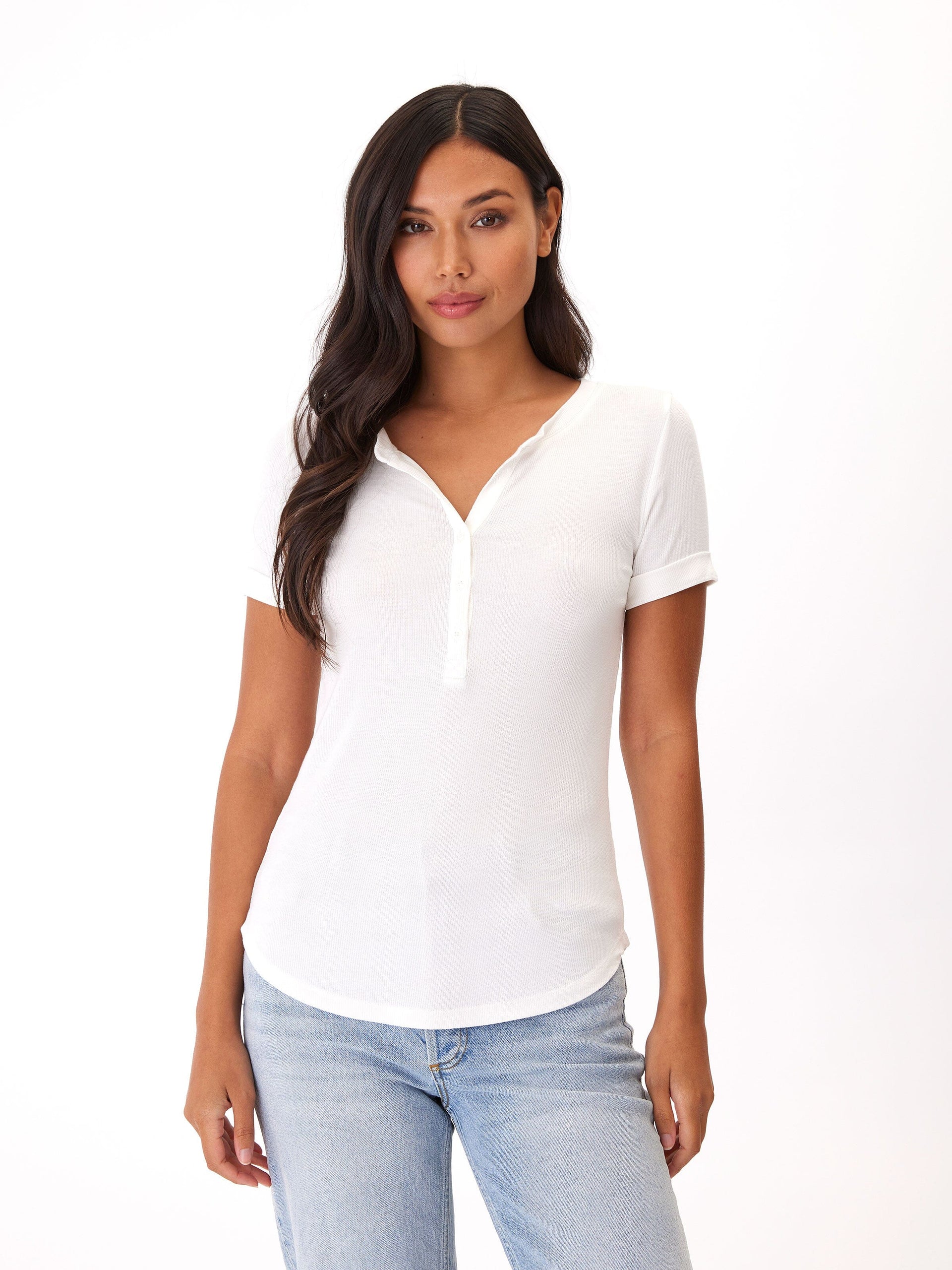 Feather Rib Henley Tee with Button Detail and Cuffed Sleeves