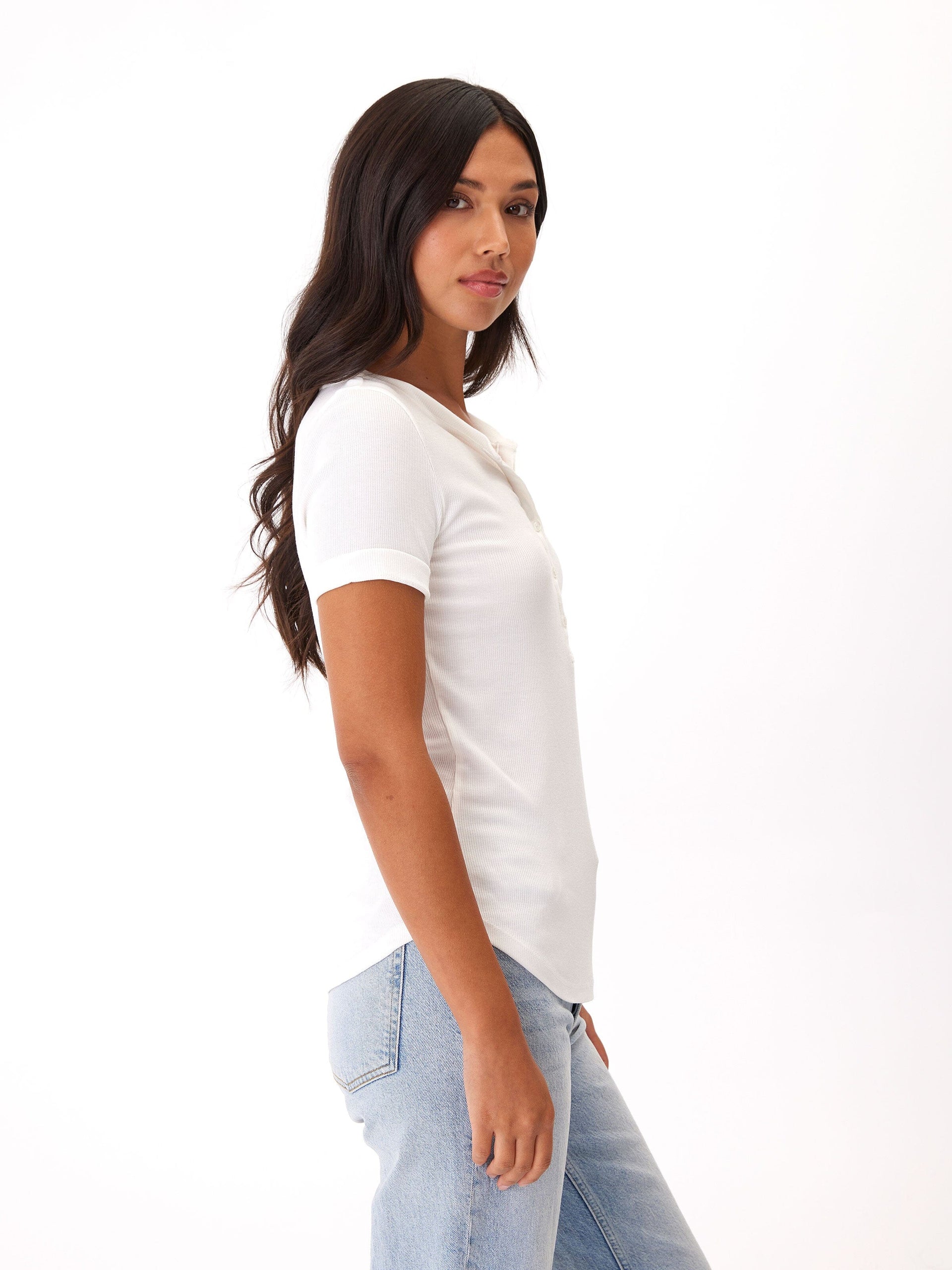 Feather Rib Henley Tee with Button Detail and Cuffed Sleeves