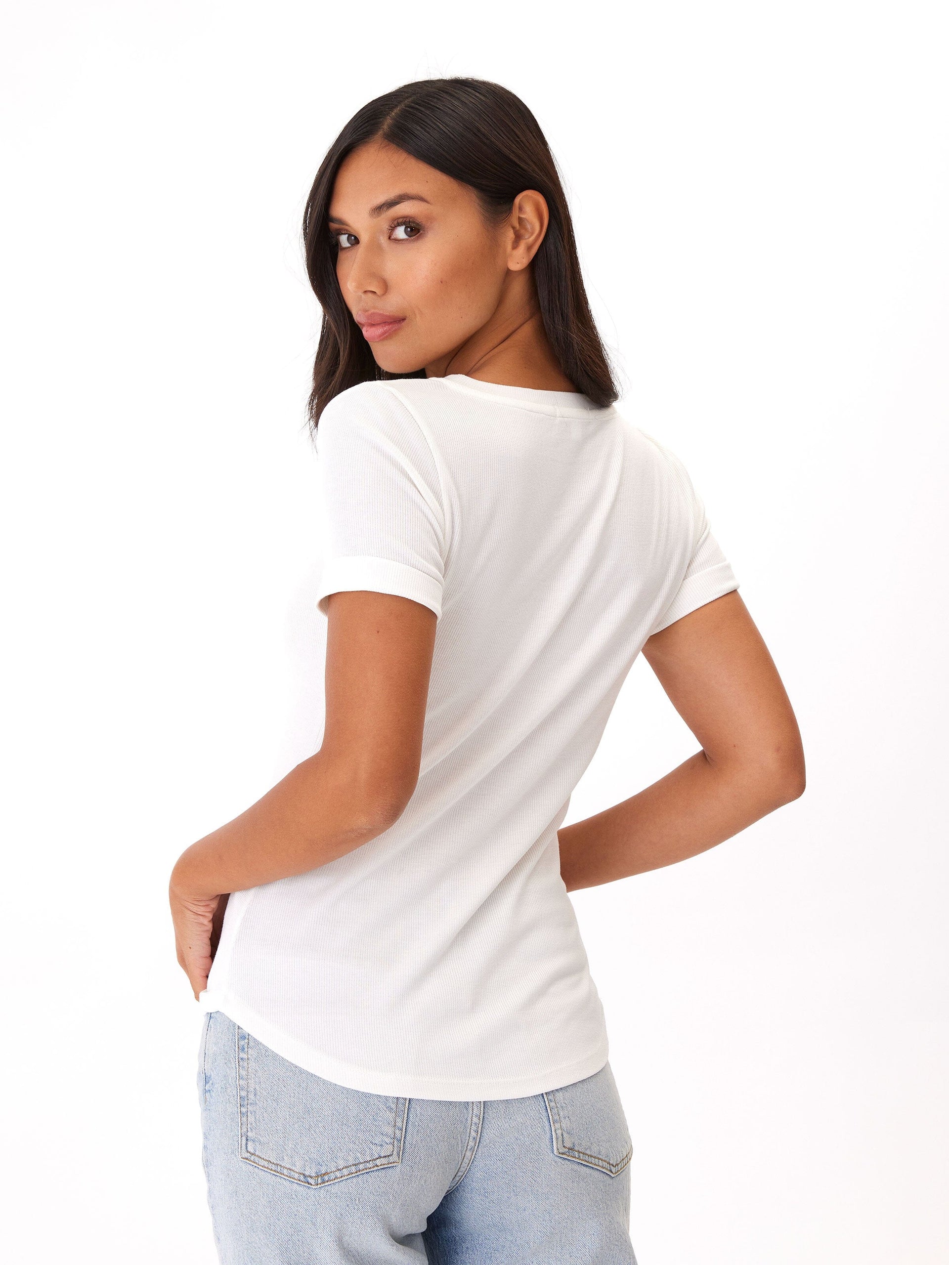 Feather Rib Henley Tee with Button Detail and Cuffed Sleeves