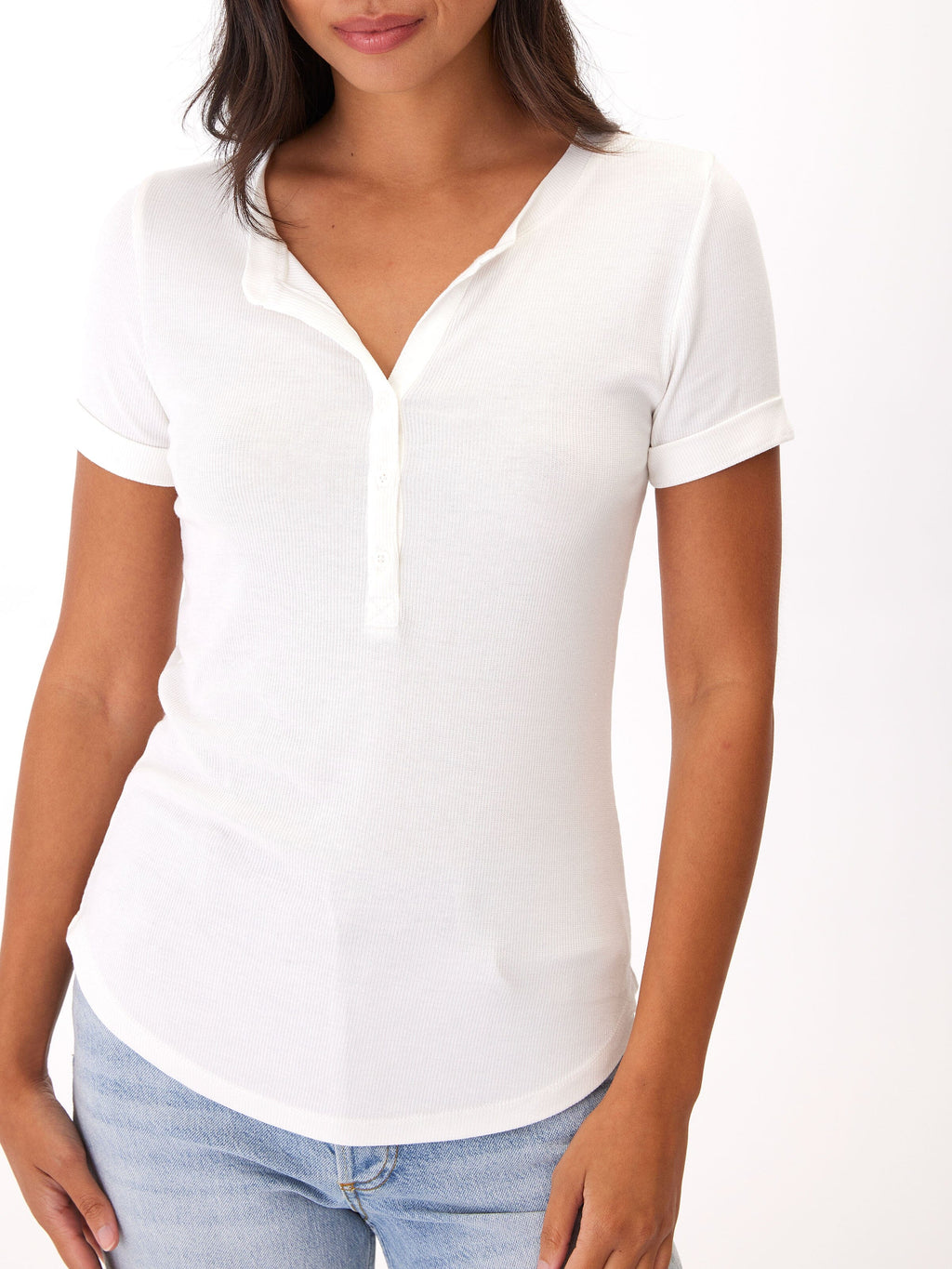 Feather Rib Henley Tee with Button Detail and Cuffed Sleeves