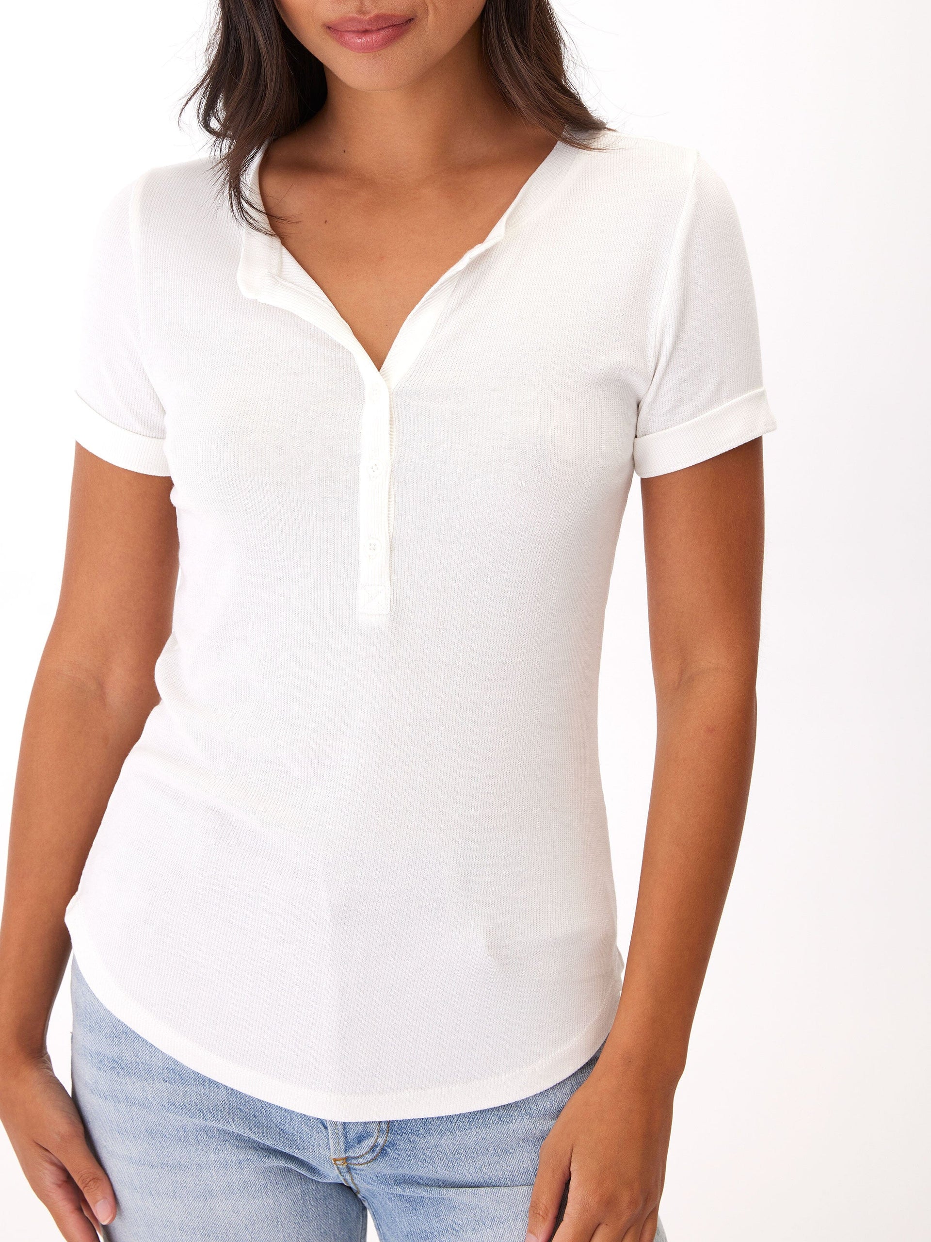 Feather Rib Henley Tee with Button Detail and Cuffed Sleeves