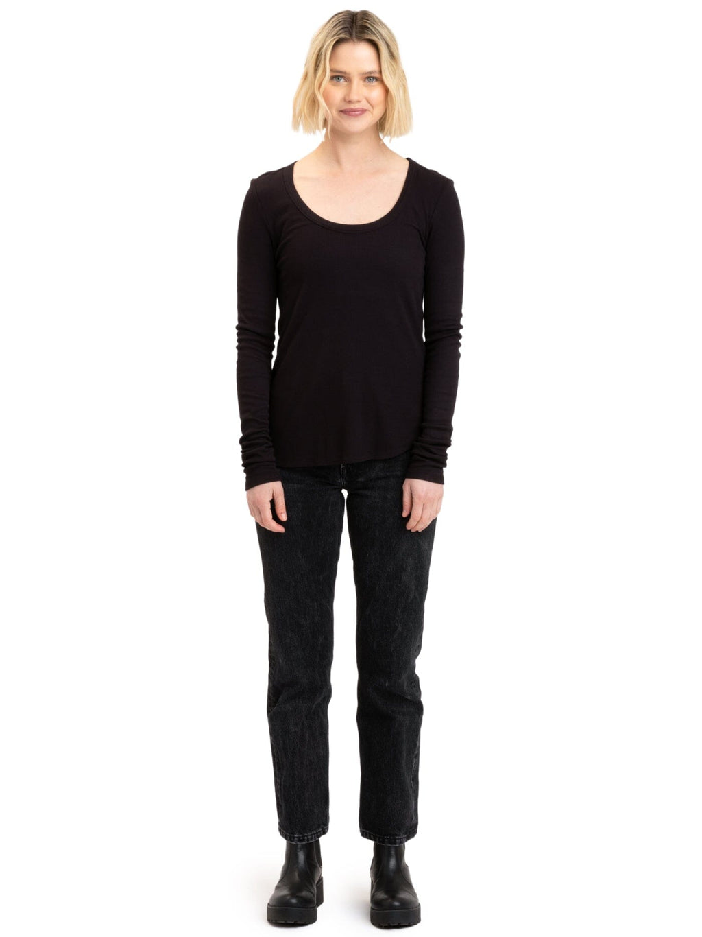 Tessa Feather Rib Long Sleeve Top for Women in Black