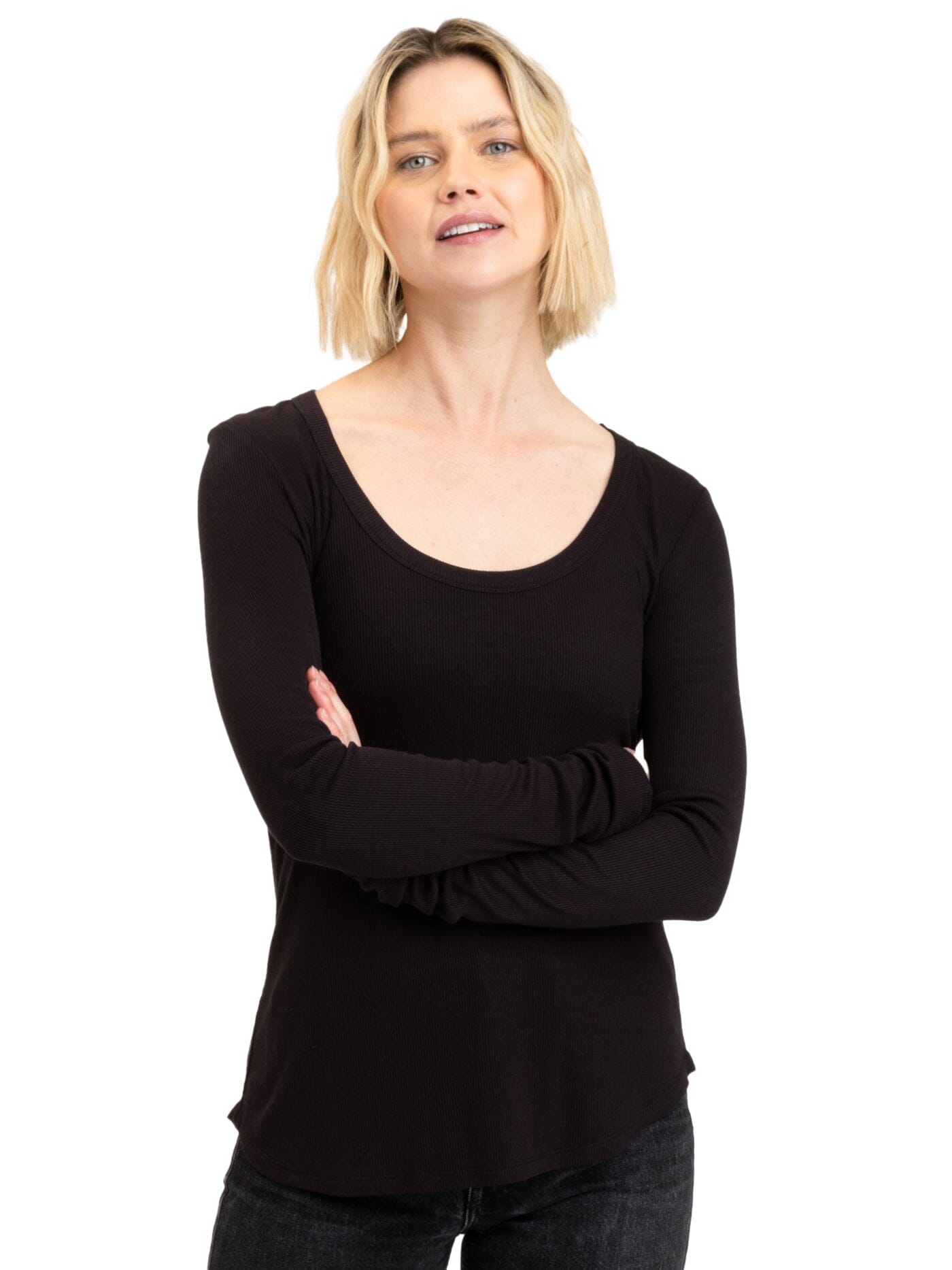 Tessa Feather Rib Long Sleeve Top for Women in Black