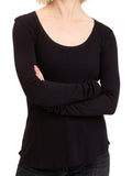 Close up of black Tessa feather rib long sleeve top with scoop neck