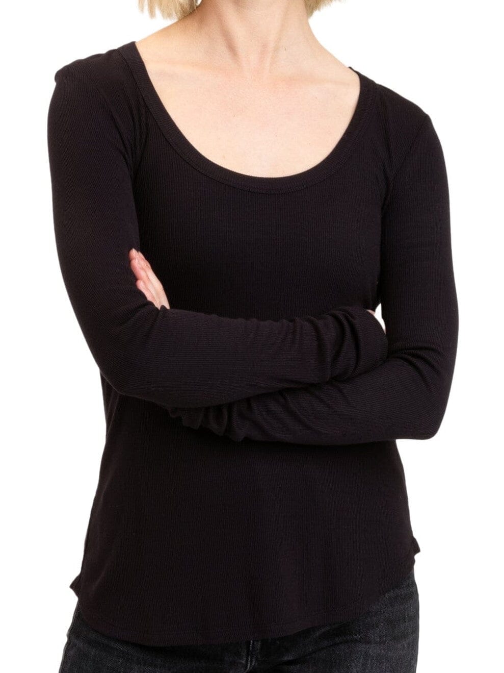 Close up of black Tessa feather rib long sleeve top with scoop neck