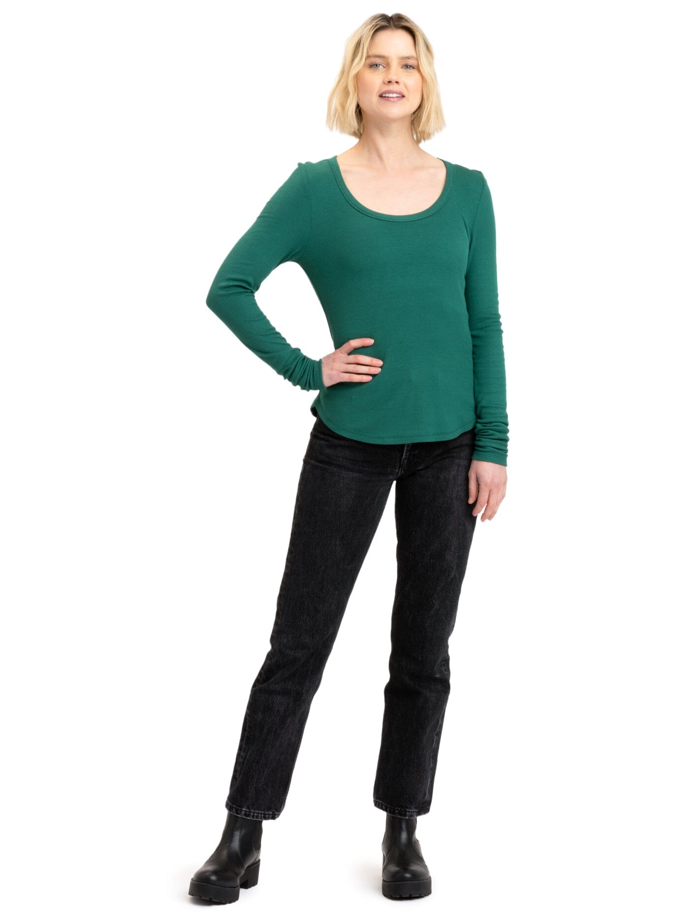 Tessa Feather Rib Long Sleeve Shirt - Slim Fit Scoop Neck Top