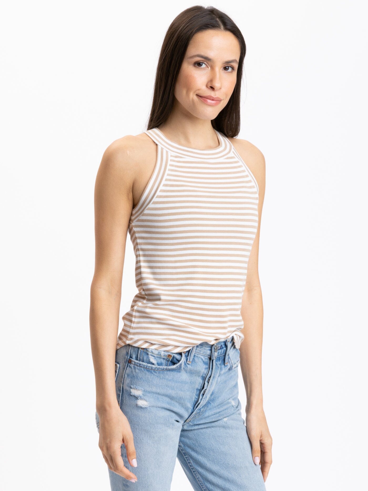 Women's minimalist high neck ribbed tank in beige and white striped knit