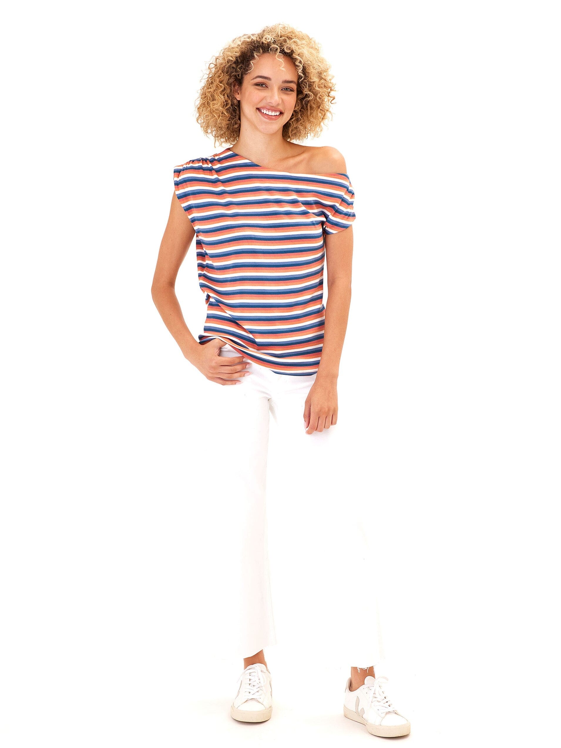 Leoni Striped Feather Rib Short Sleeve Off-Shoulder Top