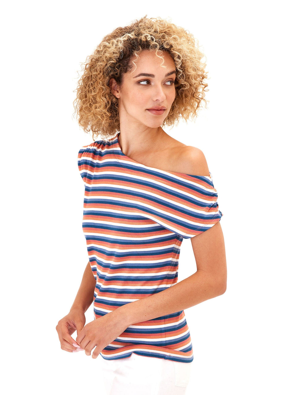 Leoni Striped Feather Rib Short Sleeve Off-Shoulder Top