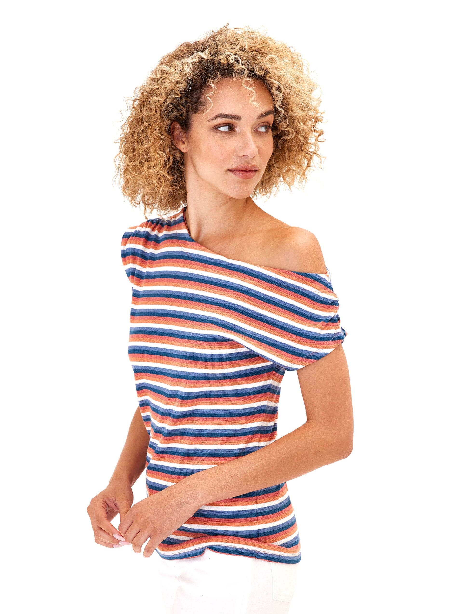 Leoni Striped Feather Rib Short Sleeve Off-Shoulder Top