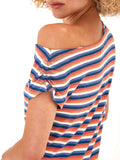 Striped off-shoulder short sleeve knit top in blue, orange, and white