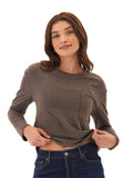 Women's long sleeve espresso brown triblend tee with chest pocket, high-waist fit.