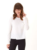 White Maggie Triblend Long Sleeve Pocket Tee with a high-waist fit