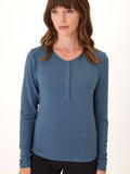 Lyla Luxe Jersey Henley Tee in a soft, eco-friendly fabric with a flattering meet and greet length hem.