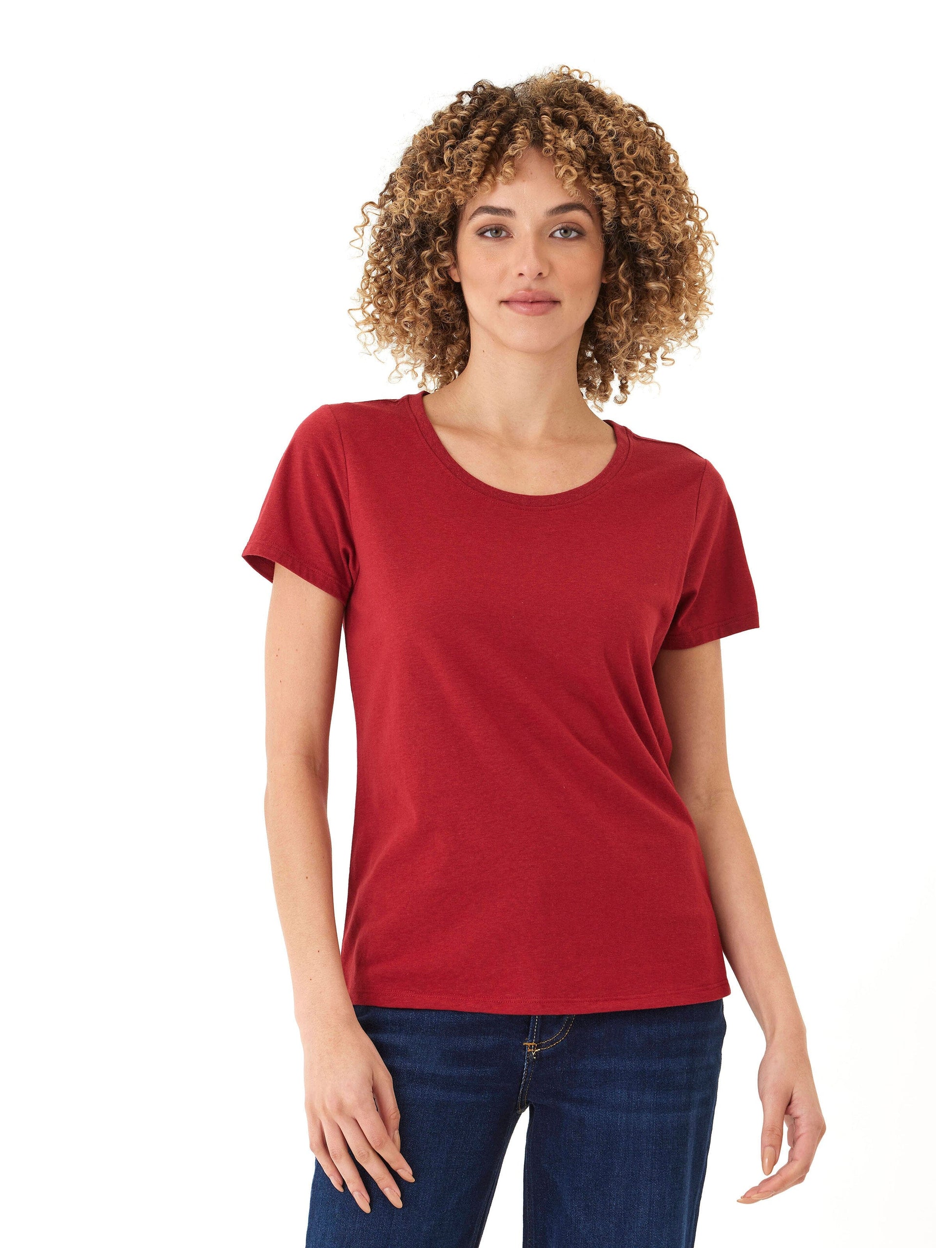Women wearing a red Core Triblend Jersey Crew Neck Tee, casual style