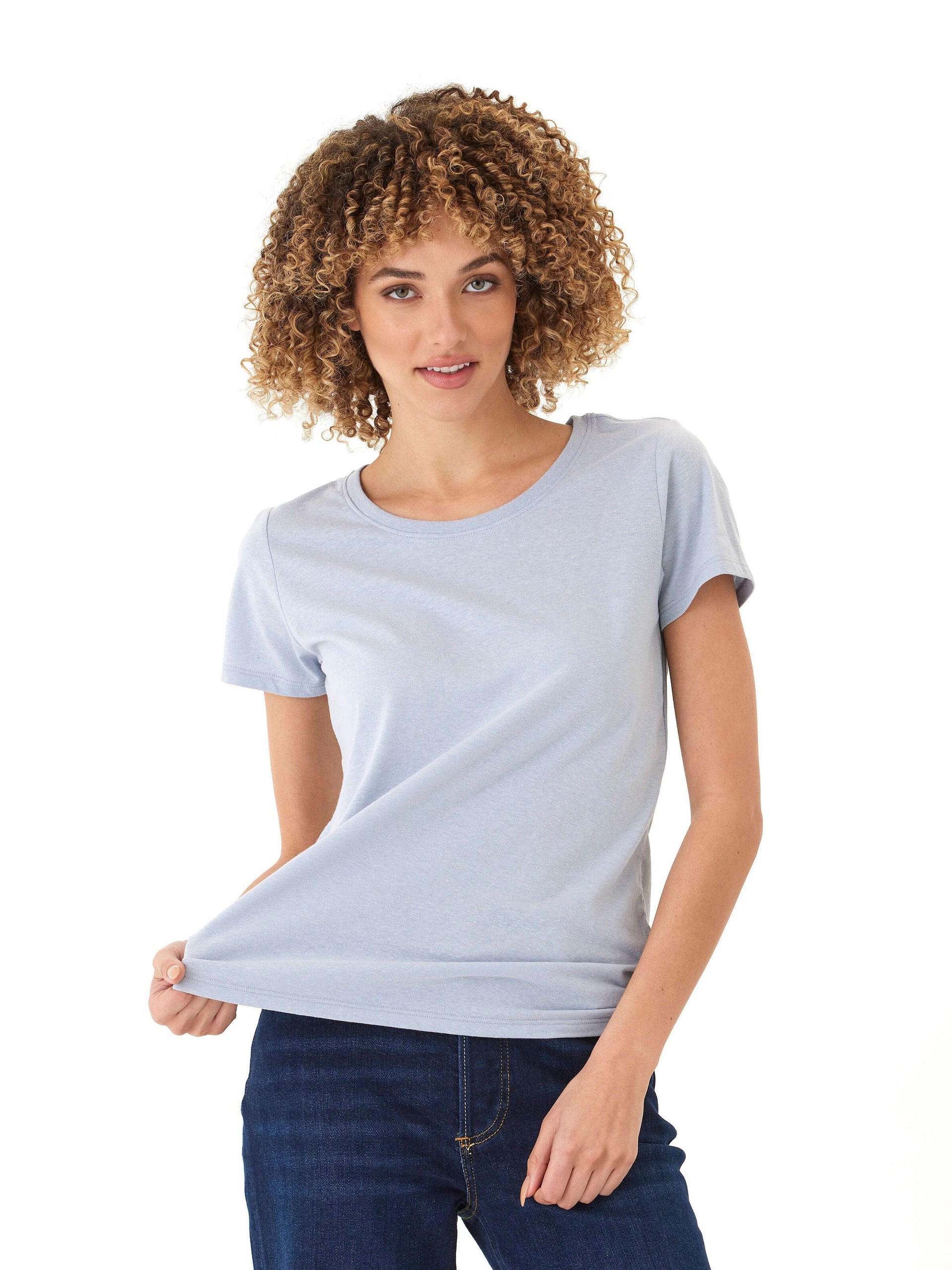 Close-up of the soft Core Triblend Jersey Crew Neck tee in a neutral tone, showing the classic crew neckline and lightweight fabric texture.