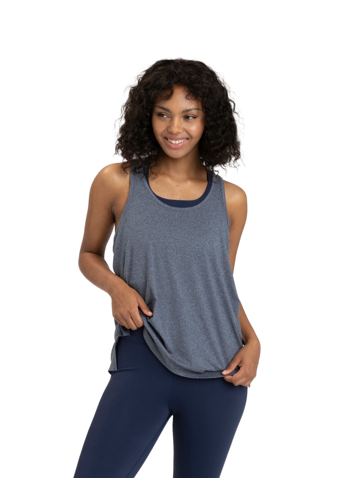 Arrietti Luxe Jersey Racerback Tank in grey shown from the front on a model