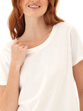 Close up of the Odette white organic cotton crew neck t-shirt featuring a minimalist design
