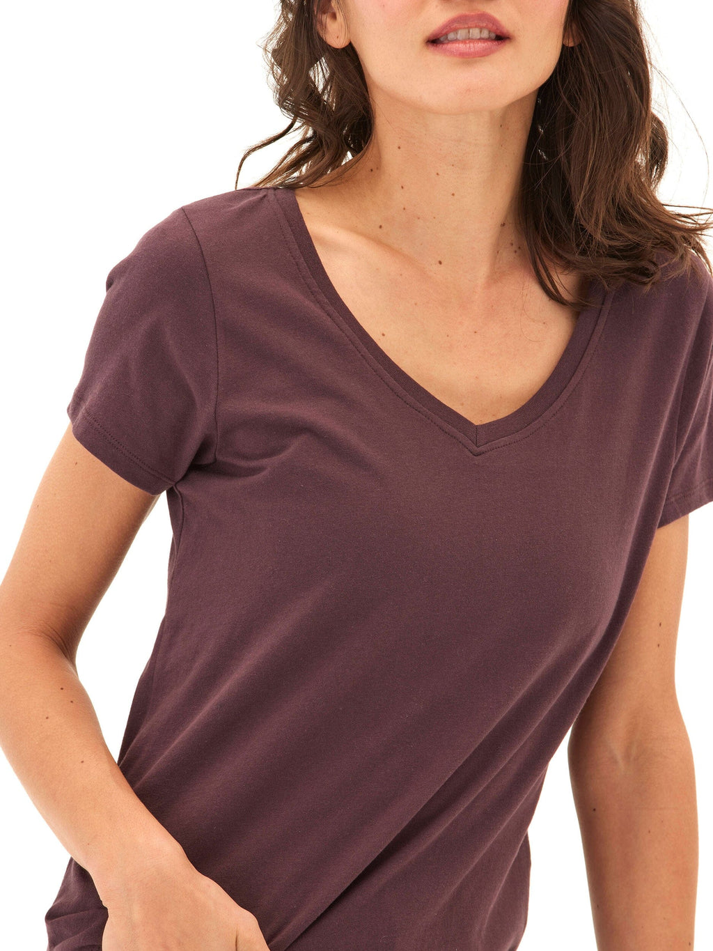 Close up of the Pattie Organic Cotton V-Neck Tee in a classic soft jersey knit
