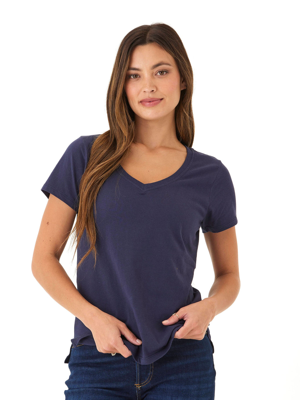 Navy blue organic cotton V-neck t-shirt with a classic fit.