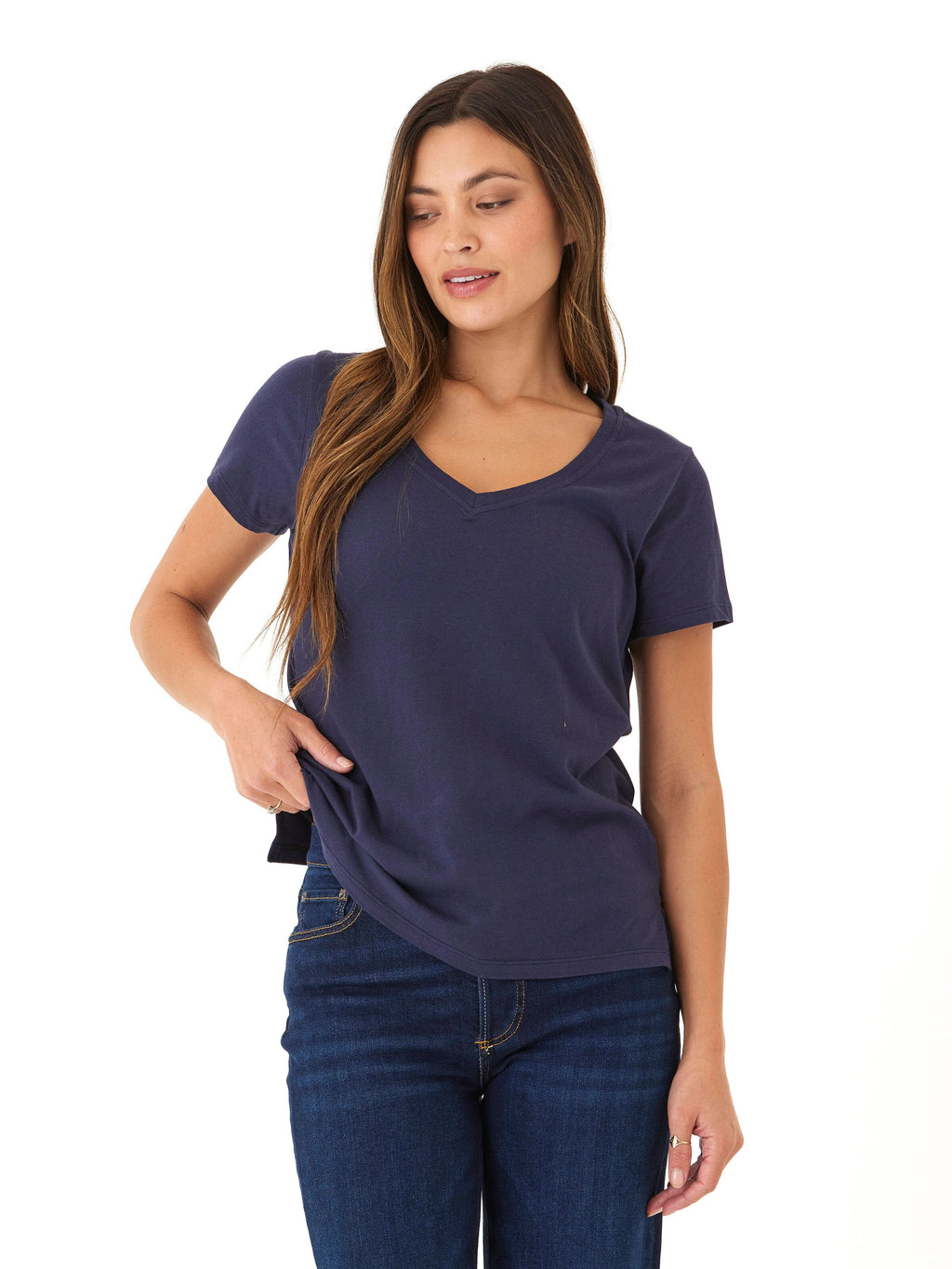 Pattie Organic Cotton V-Neck Tee in Navy Blue Classic Fit