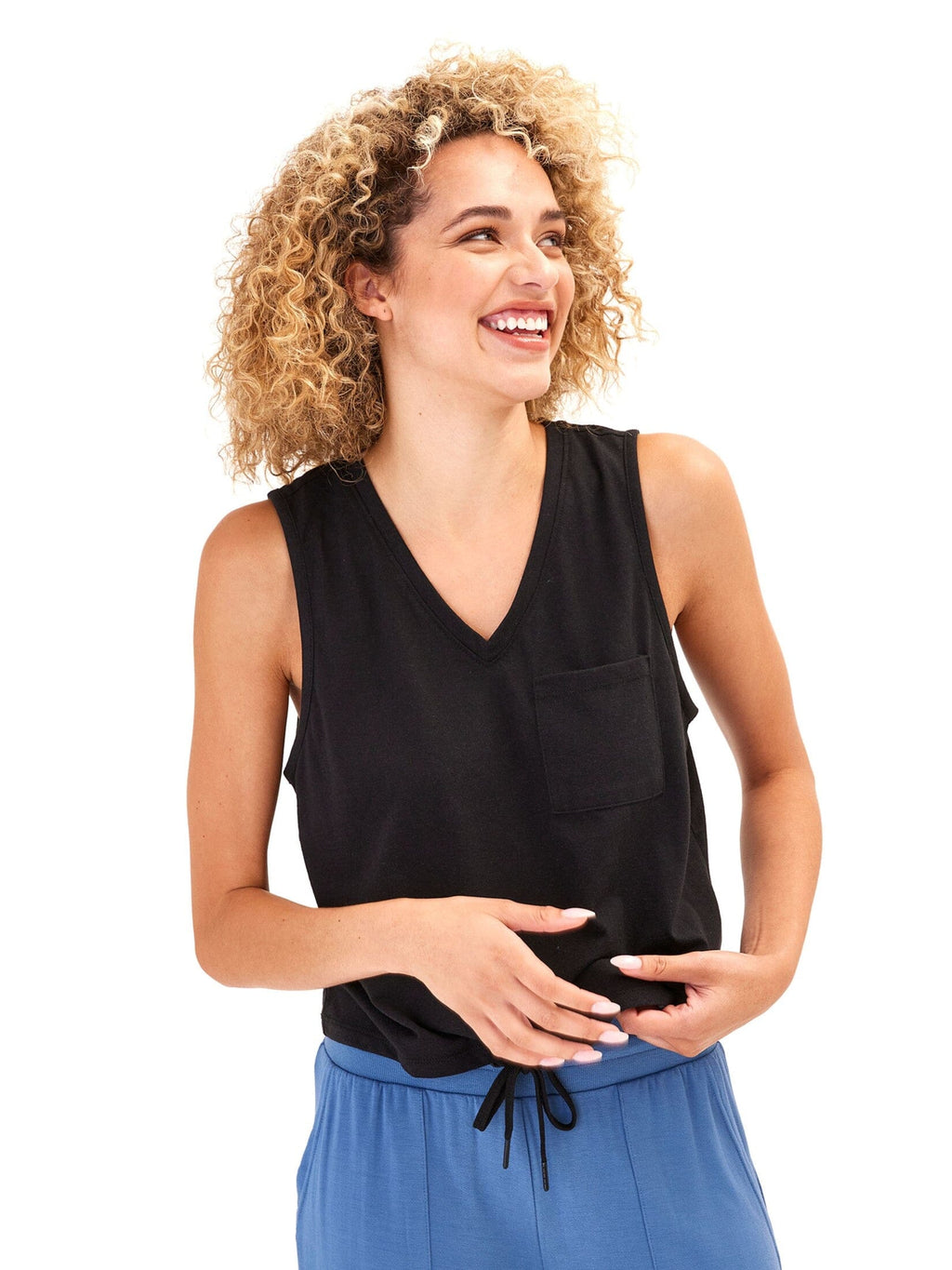 Hera Triblend Jersey V-Neck Tank: Relaxed Fit Minimalist Black Top