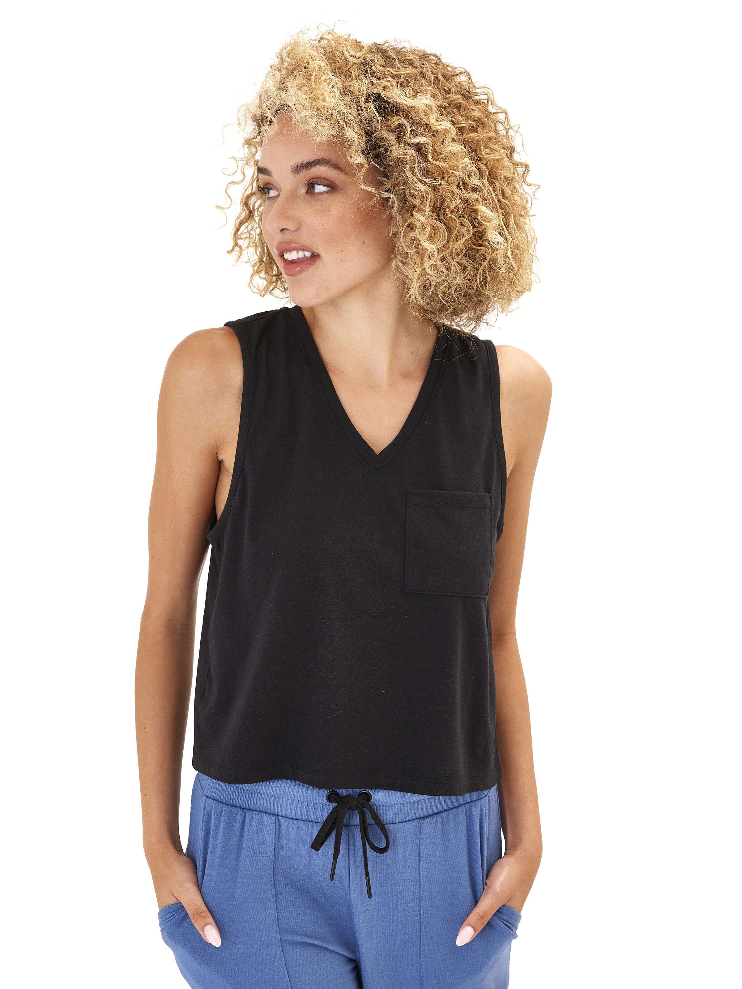 Hera Triblend Jersey V-Neck Tank: Relaxed Fit Minimalist Black Top