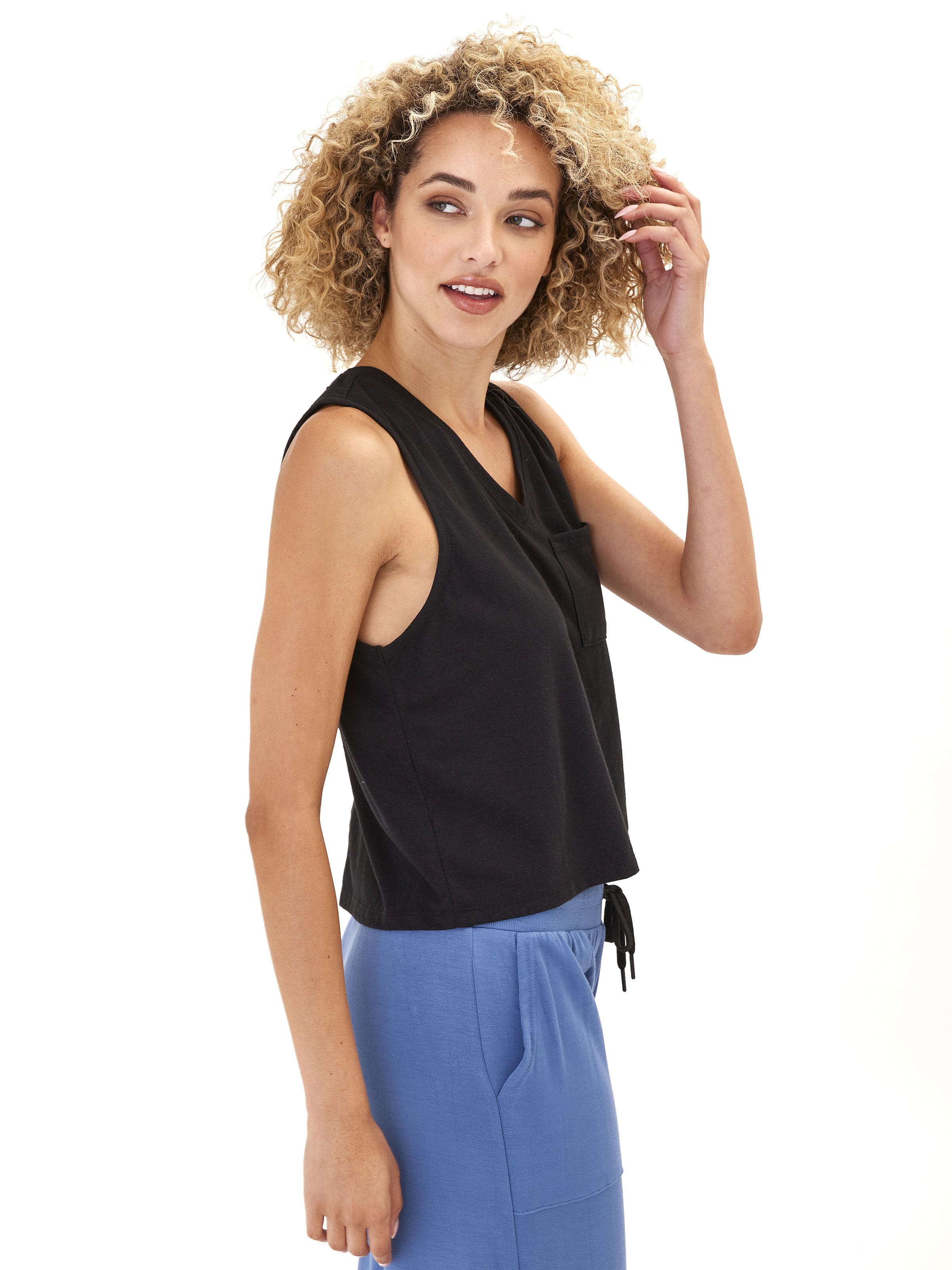 Hera Triblend Jersey V-Neck Tank: Relaxed Fit Minimalist Black Top