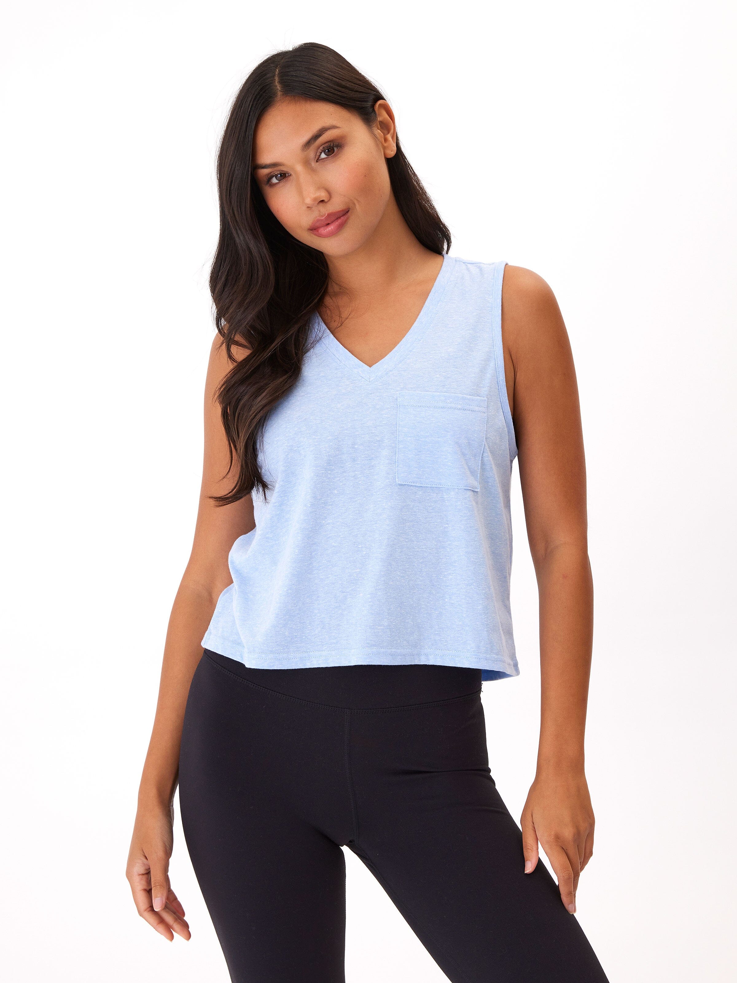 Women's Hera Triblend Jersey V-Neck Tank in light blue, perfect for athleisure and casual daily wear.