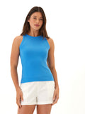 Close up of the Core Feather Rib Tank Top showing the high neckline and soft ribbed fabric texture