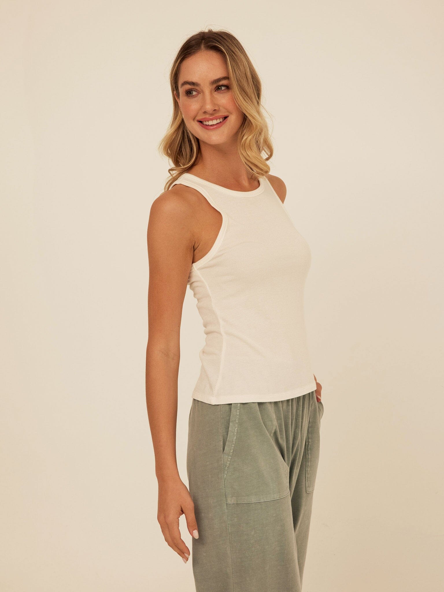 Feather Rib High Neck Tank Top