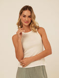Model wearing a sleek, high-neck Feather Rib Tank Top in a soft, stretchy fabric.