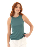 Close up of the Core Feather Rib Tank Top showing the high neckline and soft ribbed fabric texture