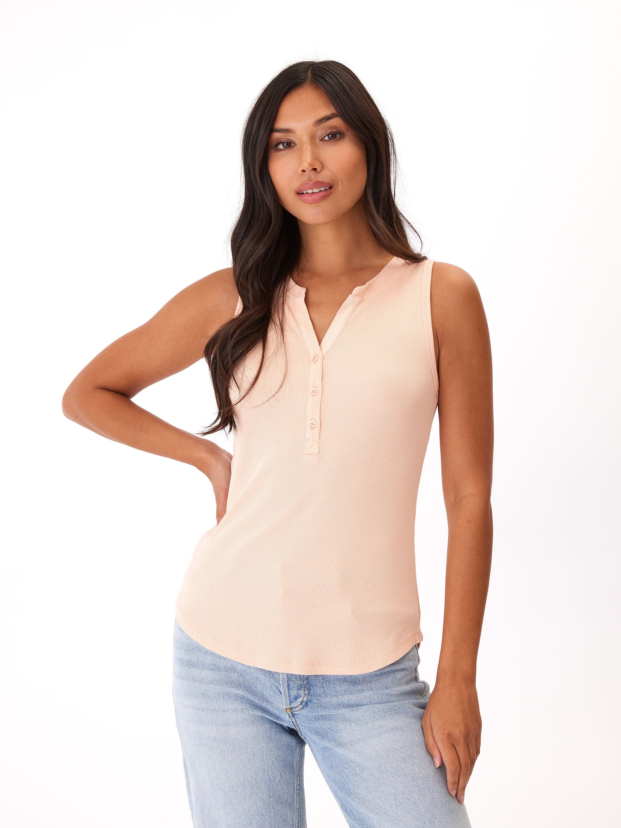 Akia Feather Rib Henley Tank Top in Peach and Pale-Pink