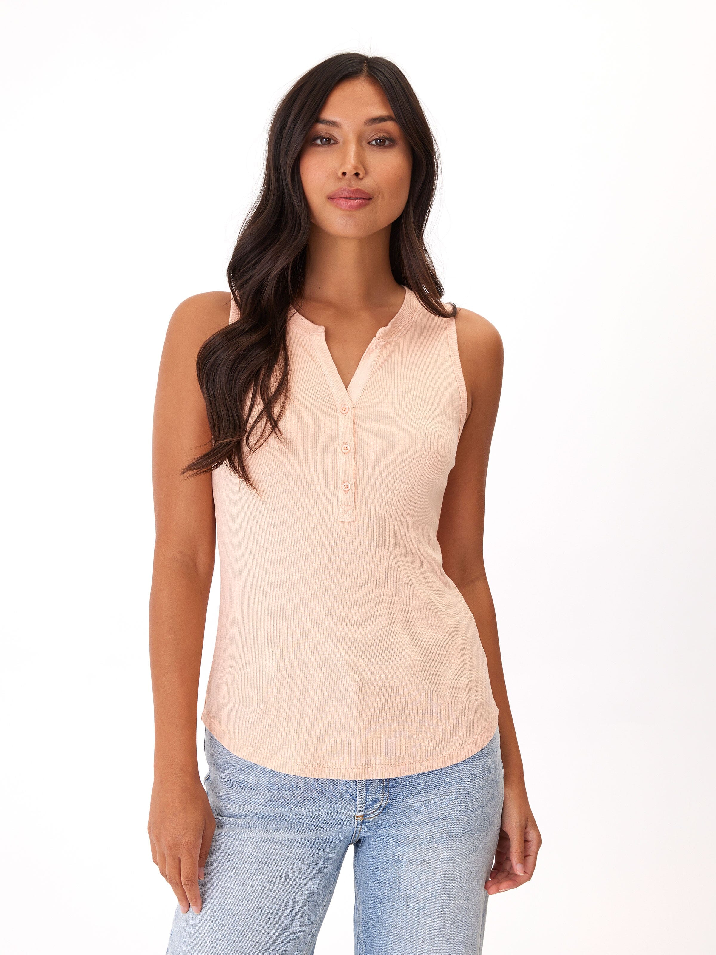 Akia Feather Rib Henley Tank Top in Peach and Pale-Pink