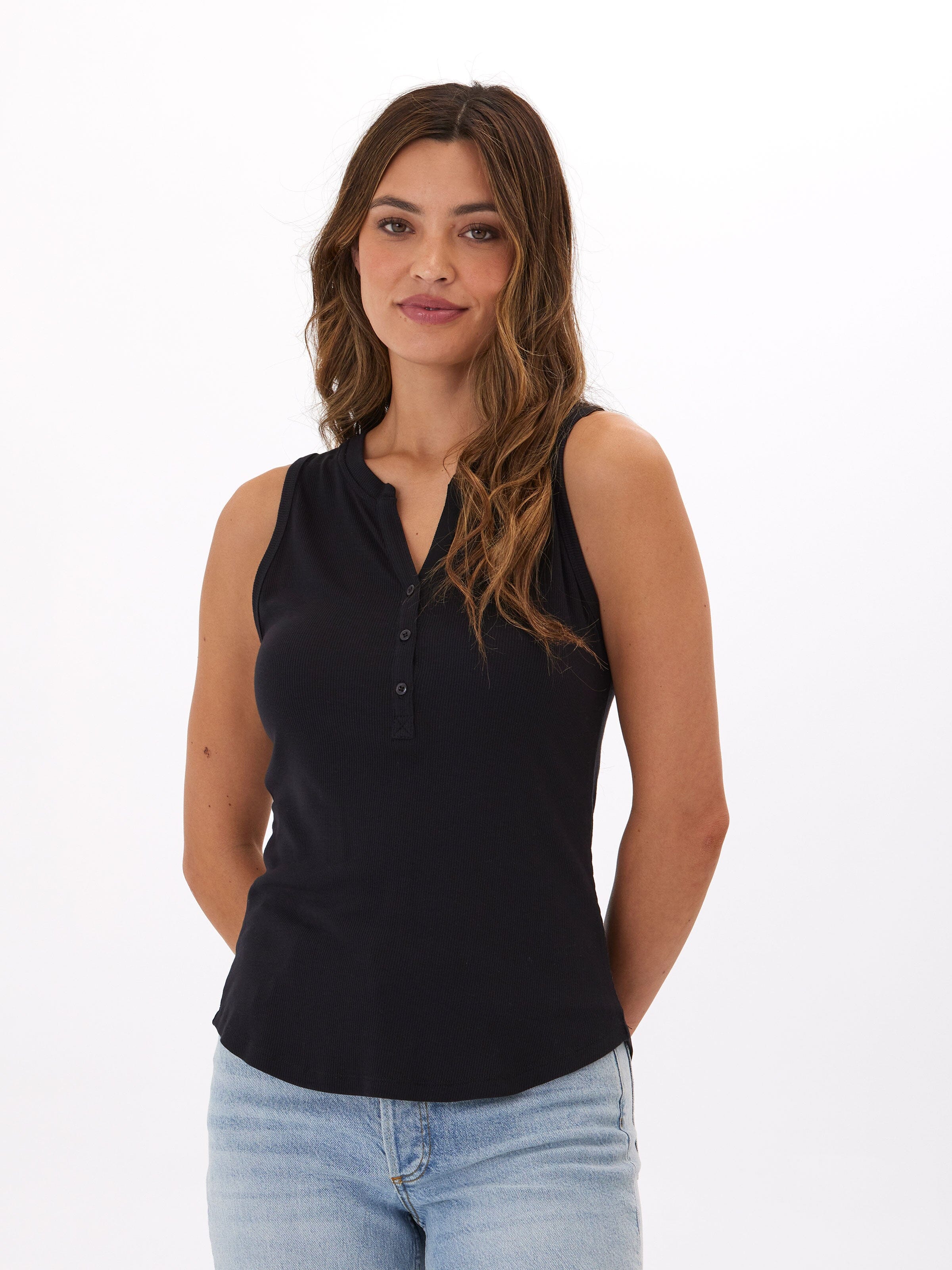 Feather Rib Henley Tank Top in Black with 3-Button Detail