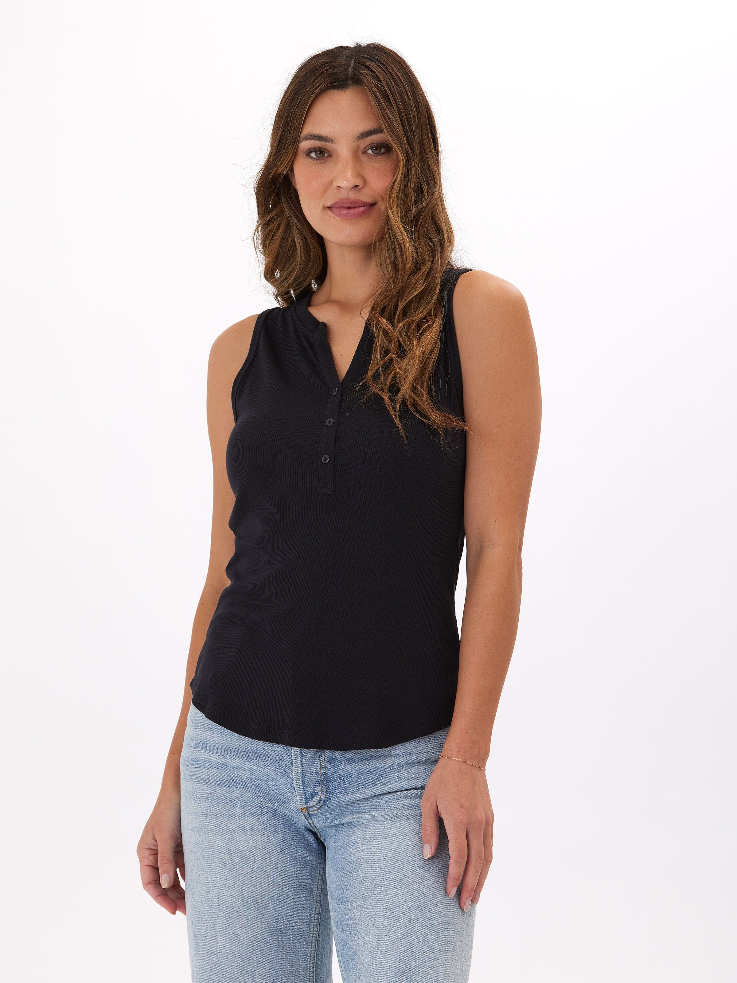 Feather Rib Henley Tank Top in Black with 3-Button Detail