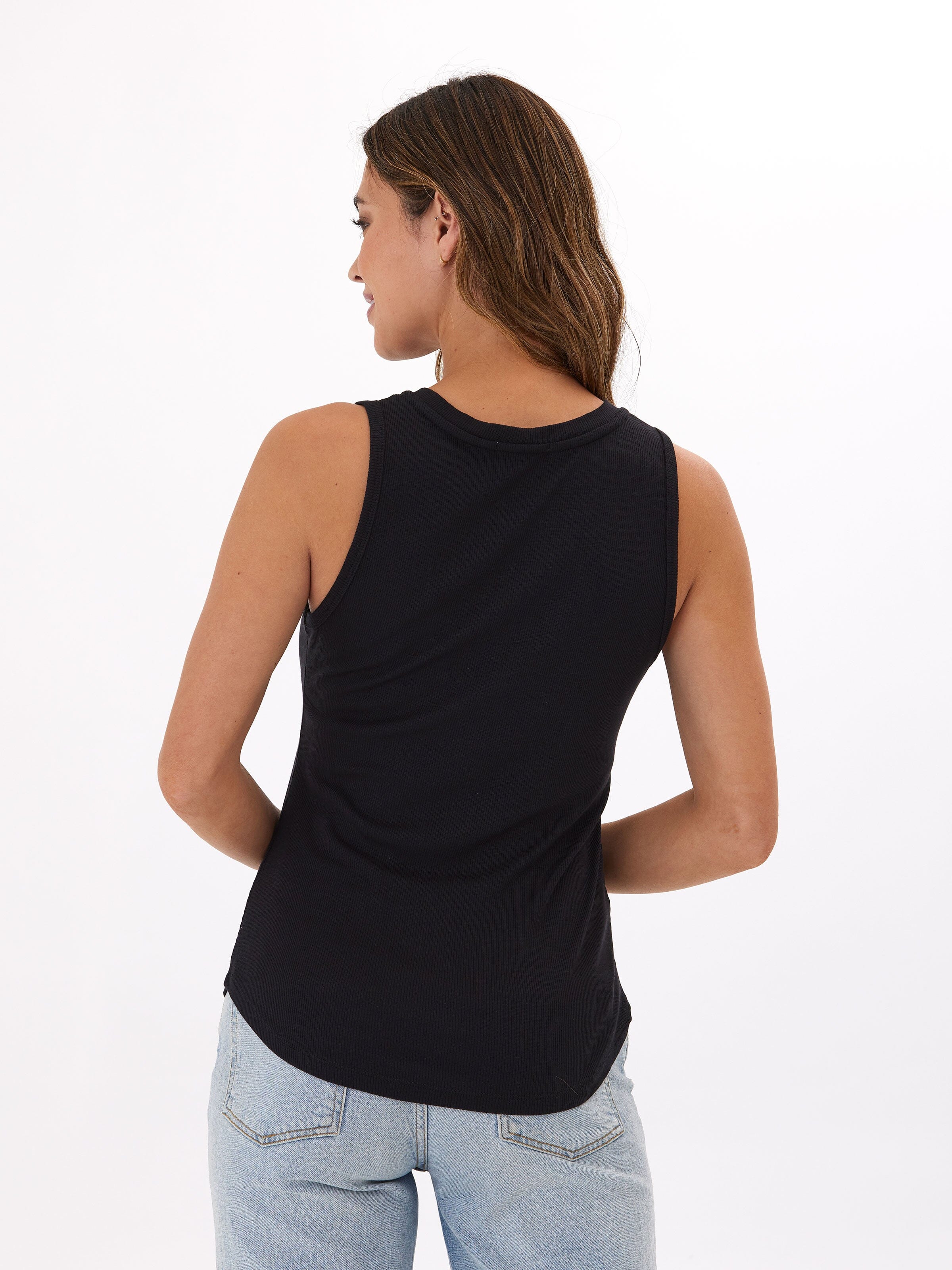 Feather Rib Henley Tank Top in Black with 3-Button Detail