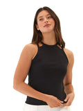 Model wearing a black Zinnia Feather Rib Tank, showing the soft ribbed knit texture and classic fit.