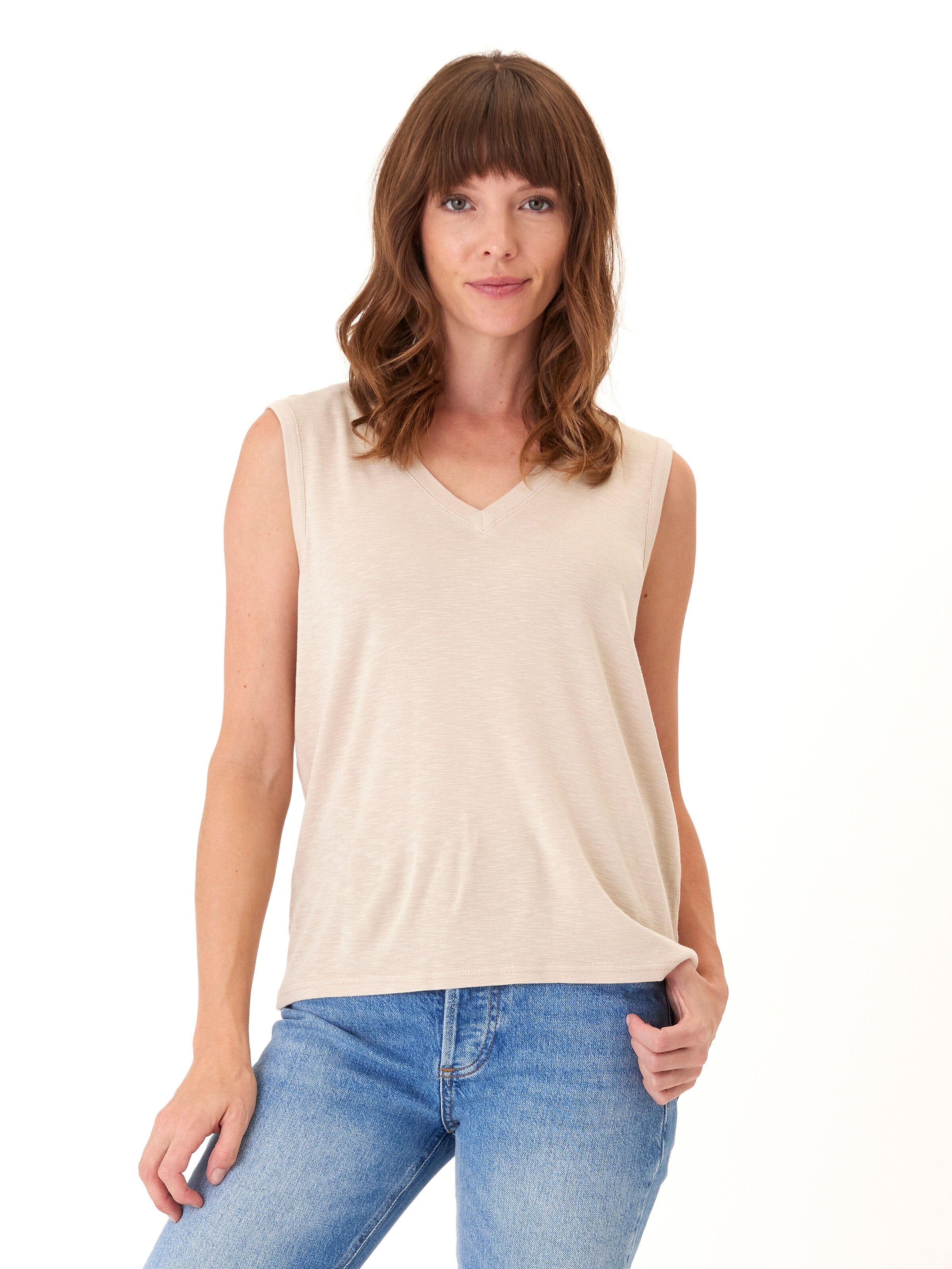 Kinsley Textured Slub Jersey Top in beige with a v-neckline and elegant back detail.