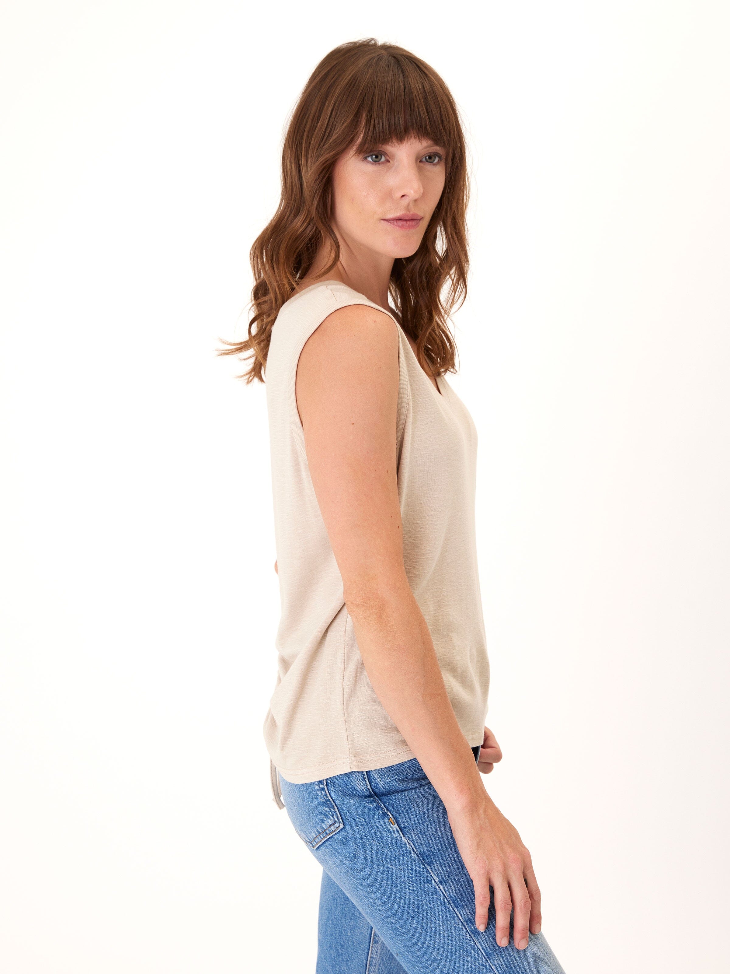 Kinsley Textured Slub Jersey V-Neck Top in Beige and Sand