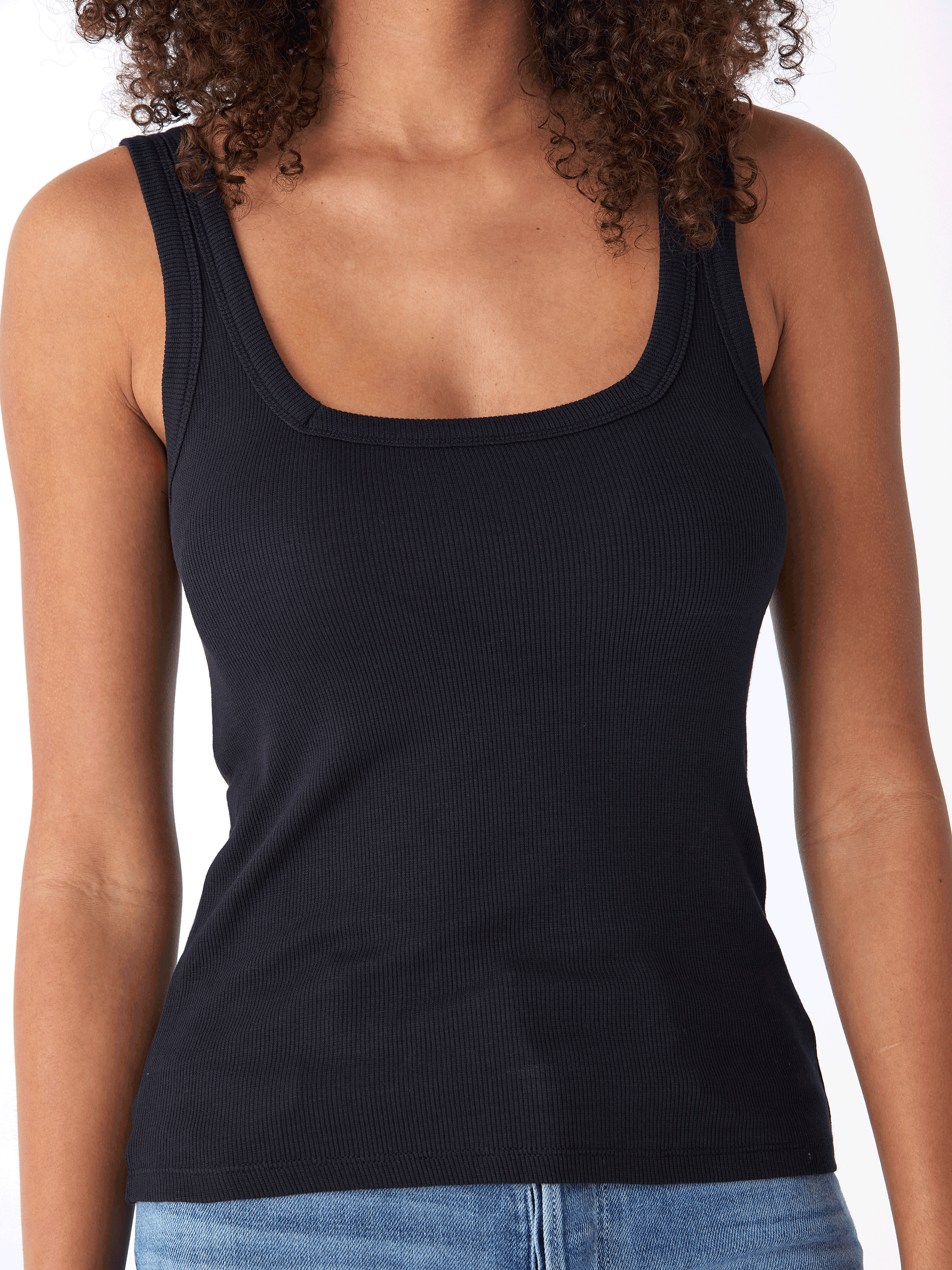 A minimalist black Yvette Feather Rib Tank top for women