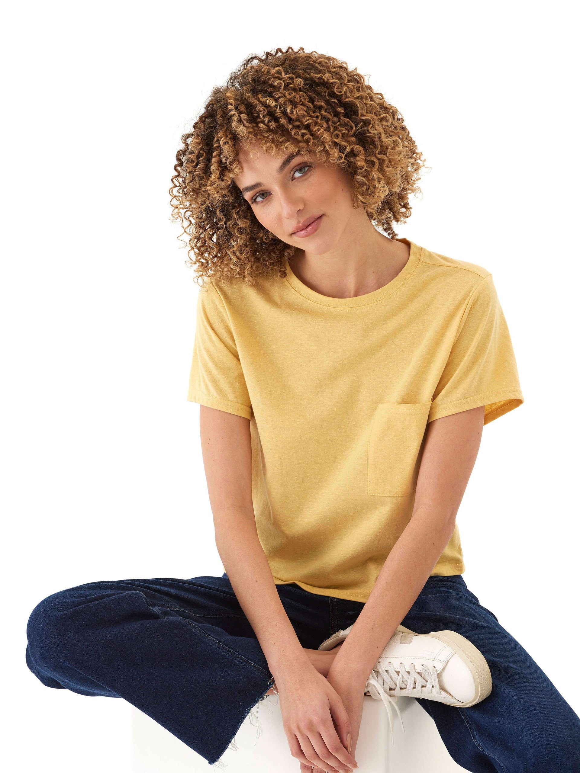Yellow Women's Core Triblend Jersey Pocket Tee with a crew neckline and chest pocket detail.