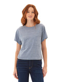 Model wearing a comfortable relaxed fit Core Triblend Jersey pocket tee in a crew neck style.