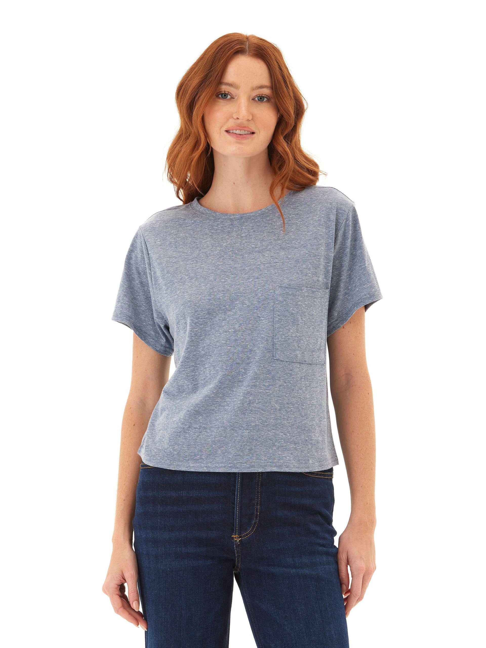 Model wearing a comfortable relaxed fit Core Triblend Jersey pocket tee in a crew neck style.